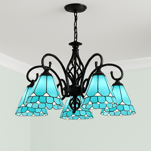 lustre tiffany méditerranéen en verre teinté pour décoration intérieure - vue 5 sur 18