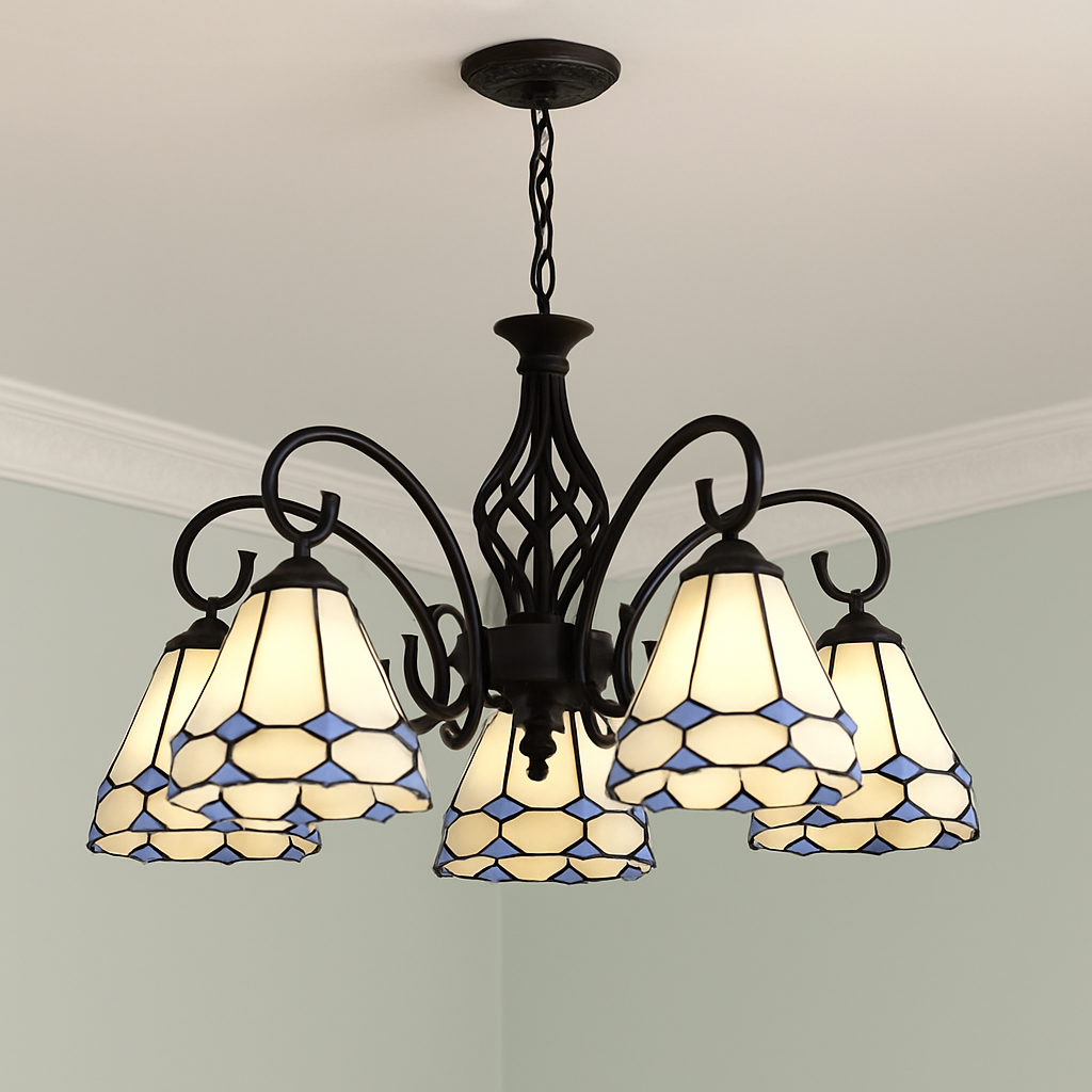 lustre tiffany méditerranéen en verre teinté pour décoration intérieure - vue 5 sur 18