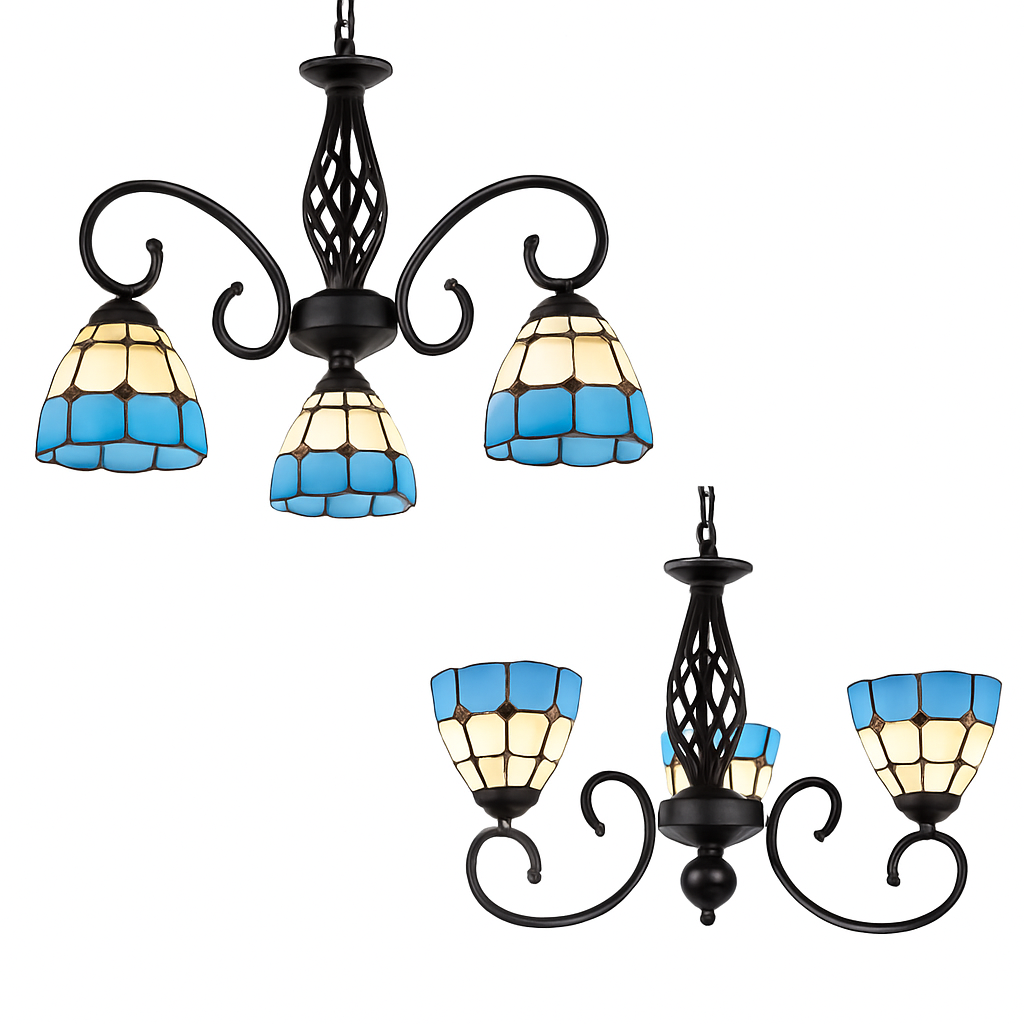 lustre tiffany méditerranéen en verre teinté pour décoration intérieure - vue 6 sur 18