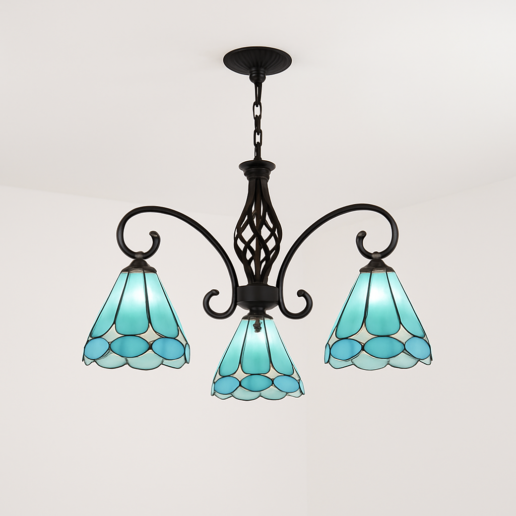 lustre tiffany méditerranéen en verre teinté pour décoration intérieure - vue 8 sur 18