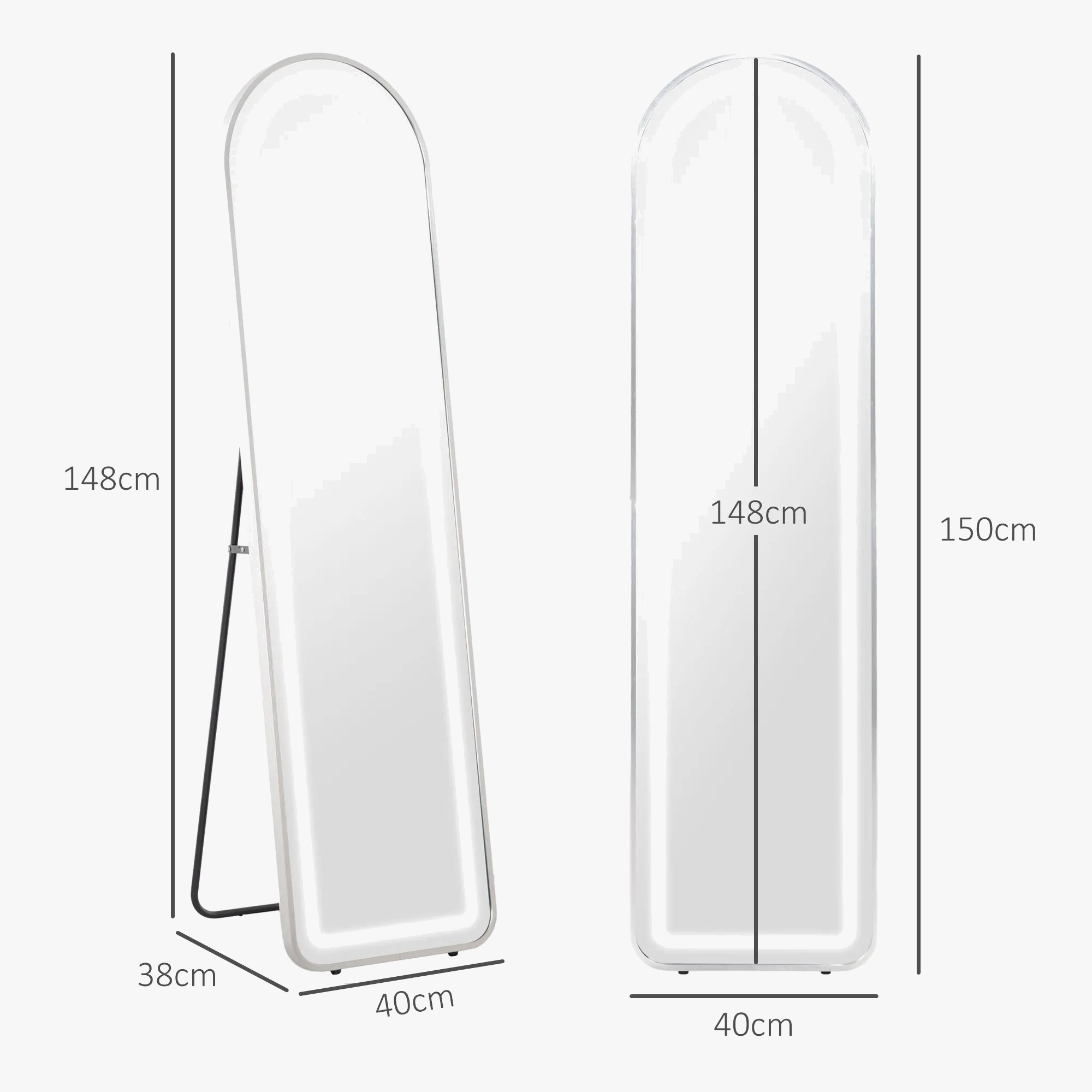 miroir intégral avec éclairage led en aluminium argenté