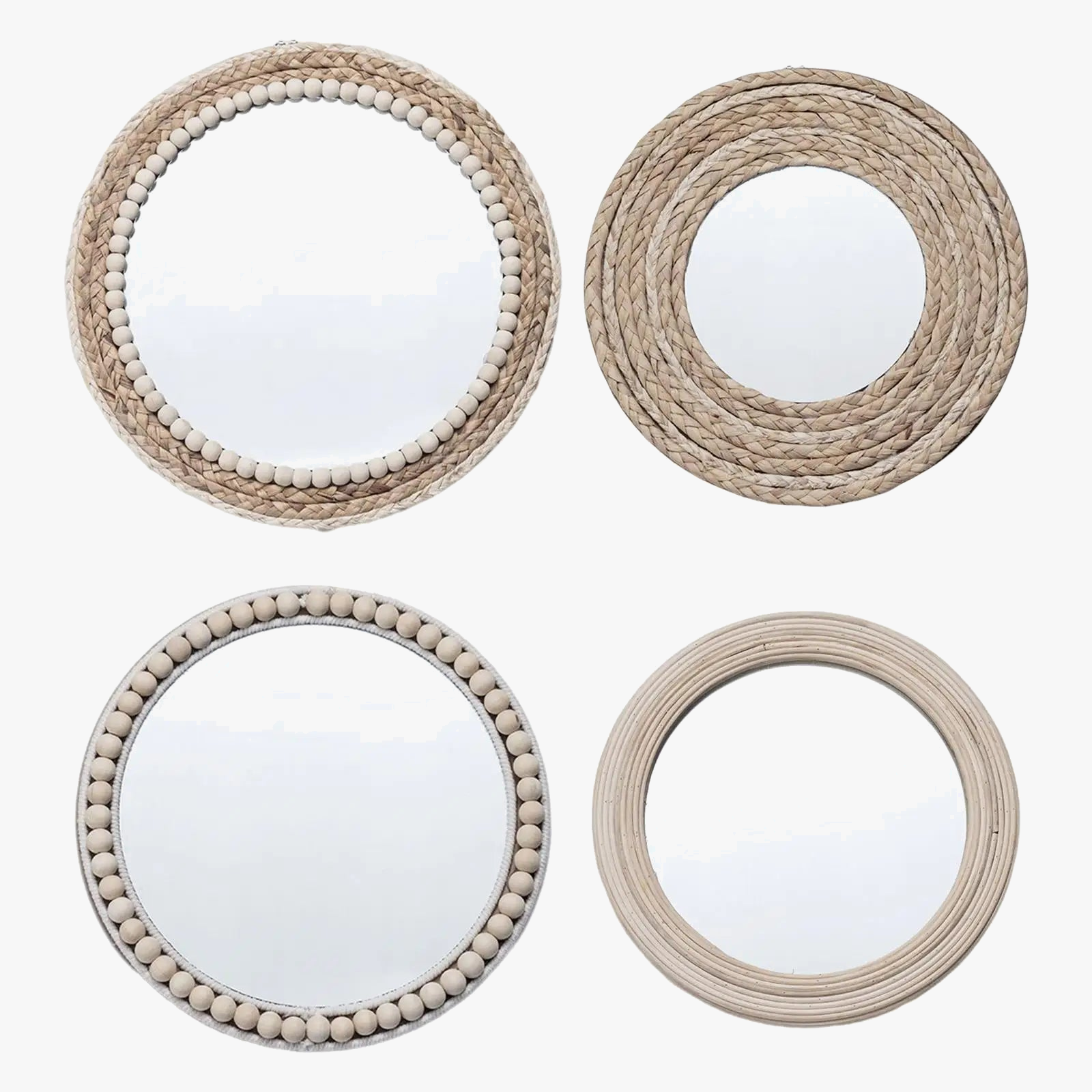 miroir rond en corde de paille avec perles en bois décoratif