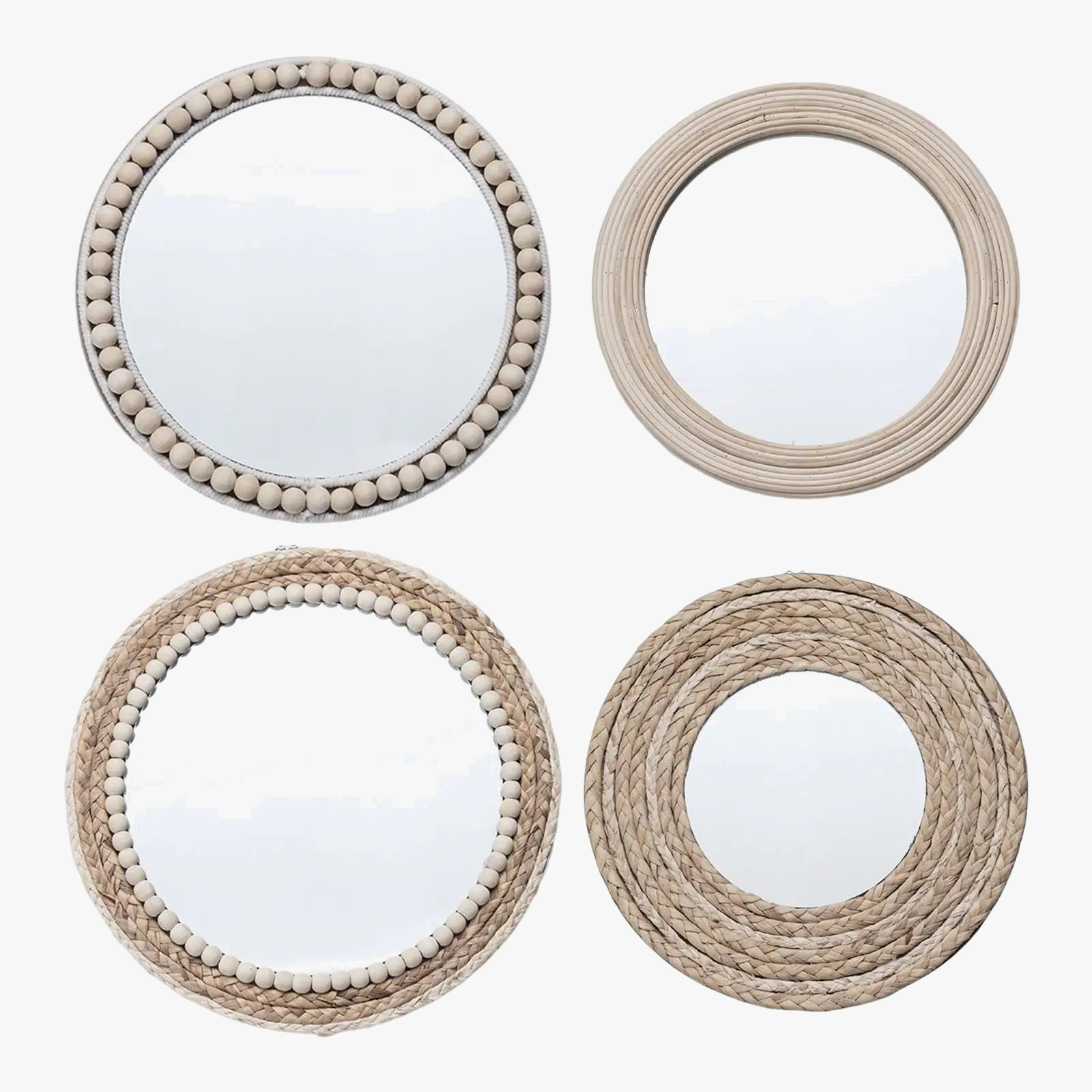 miroir rond en corde de paille avec perles en bois décoratif
