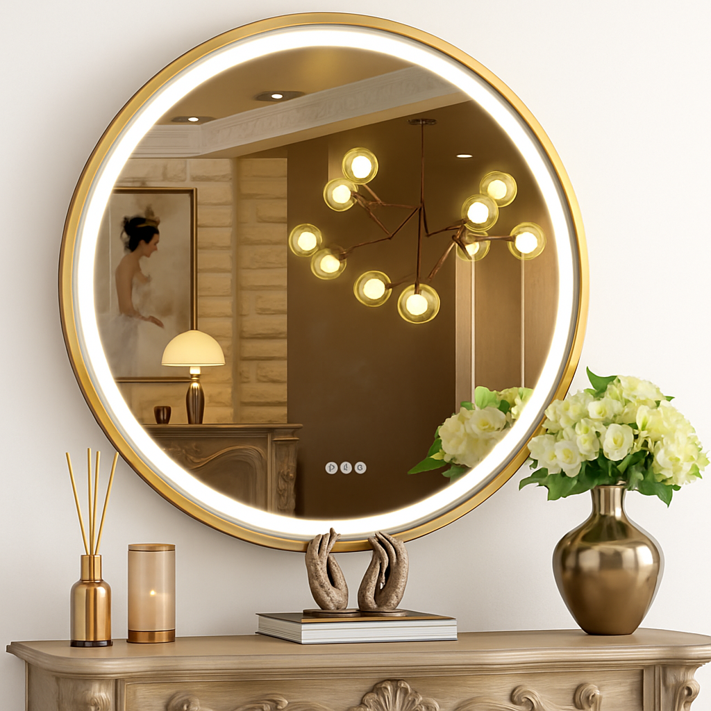 miroir rond lumineux antibuée intensité variable cadre aluminium verre HD