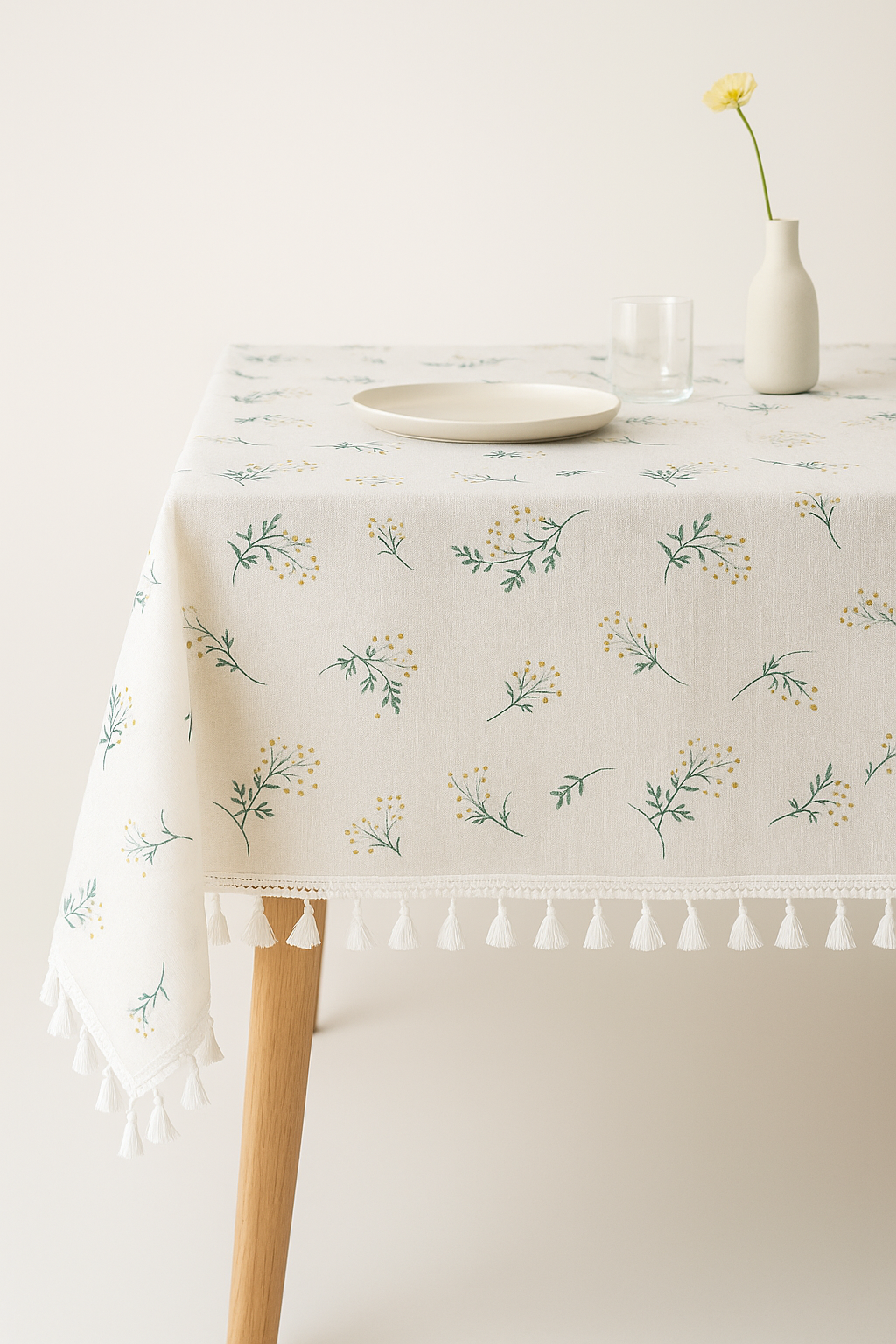 Nappe coton brodée florale style coréen avec pompons