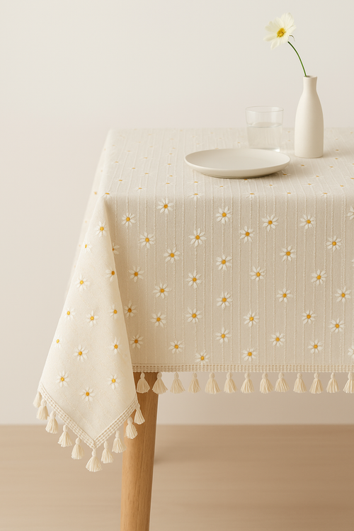 Nappe coton brodée marguerites style coréen table cuisine