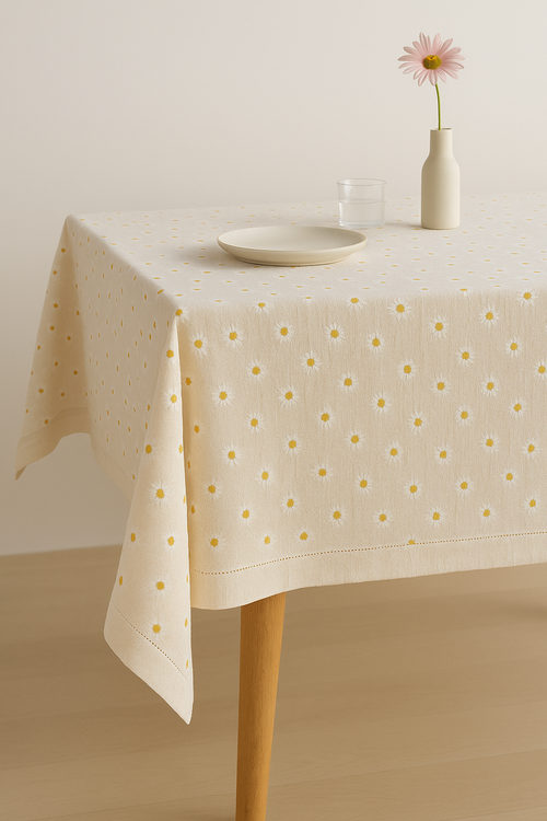 Nappe coton brodée marguerites style coréen table cuisine