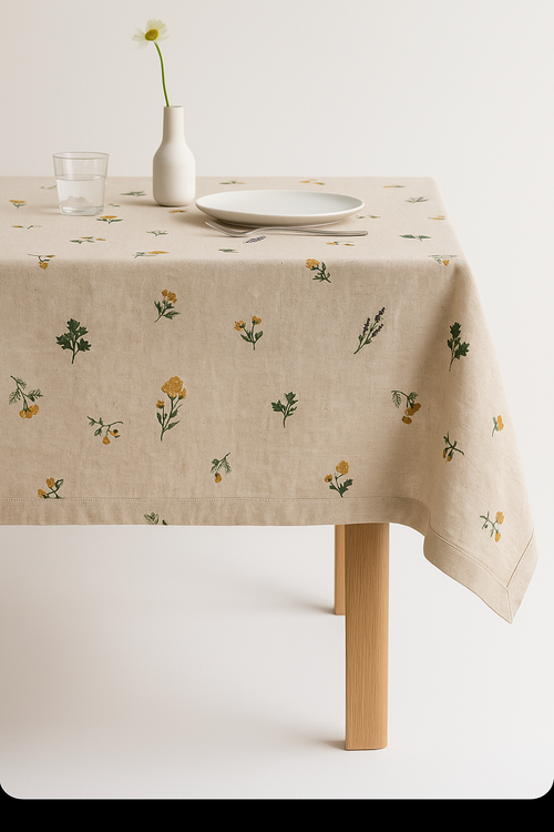 Nappe coton lin brodée style campagne avec pompons