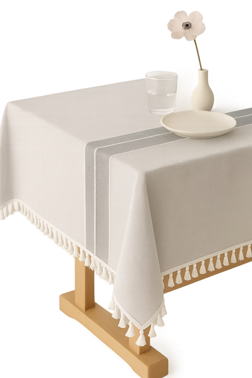 Nappe coton lin imperméable style champêtre rayures pompons - vue 2 sur 2