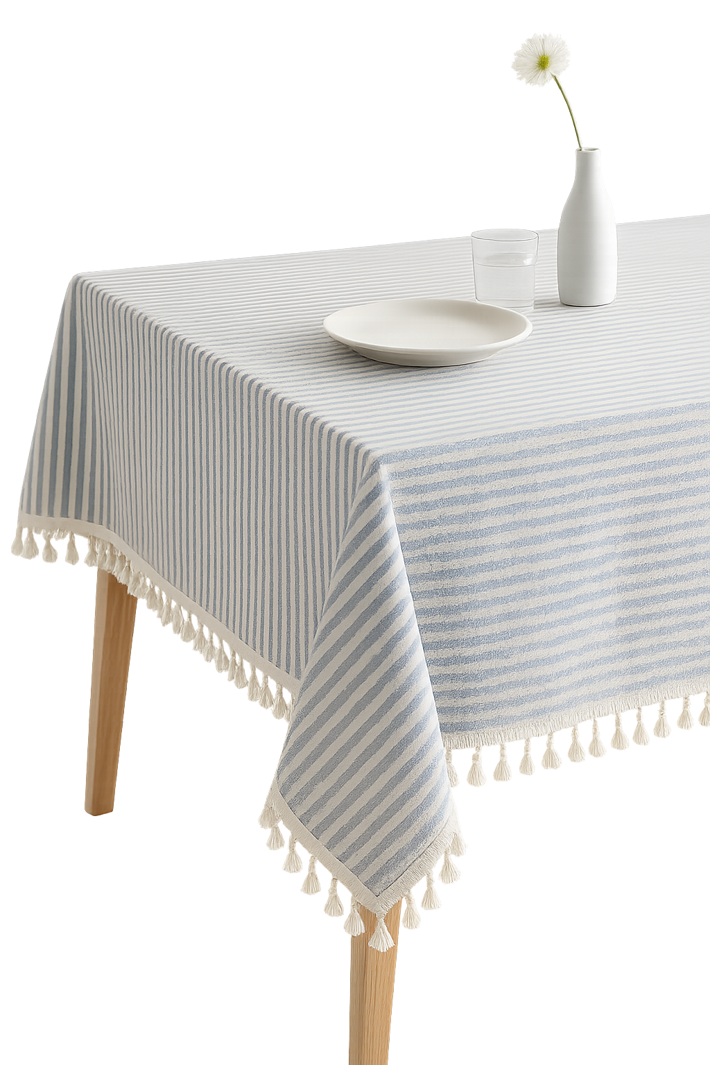 Nappe coton lin style bohème rayures pompons table