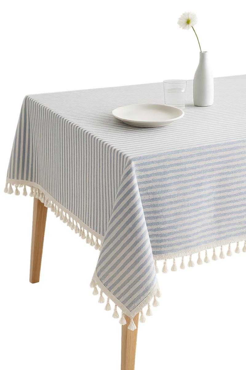 Nappe coton lin style bohème rayures pompons table
