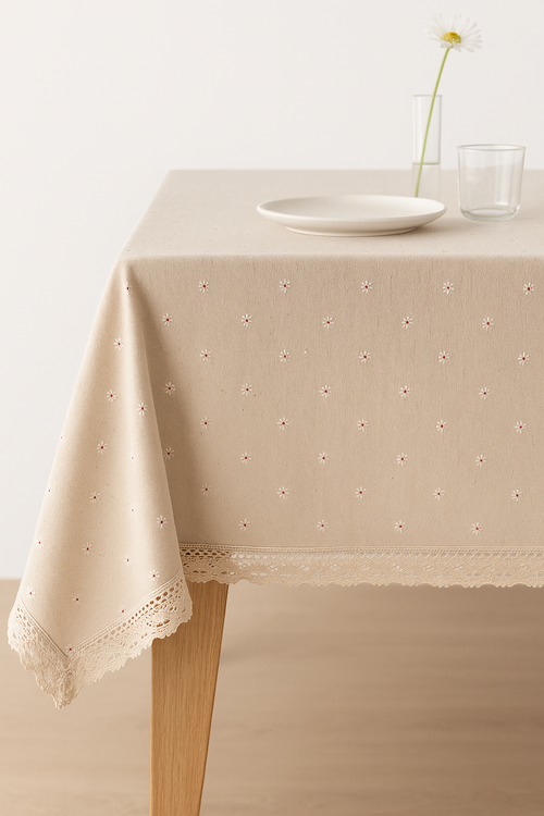 Nappe coton style champetre dentelle fleurs pompons table - vue 2 sur 2