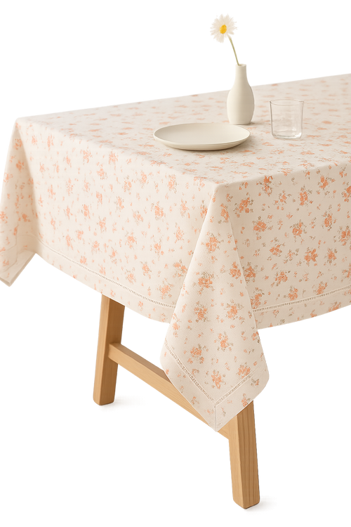 Nappe coton style coréen brodée fleurs à pompons