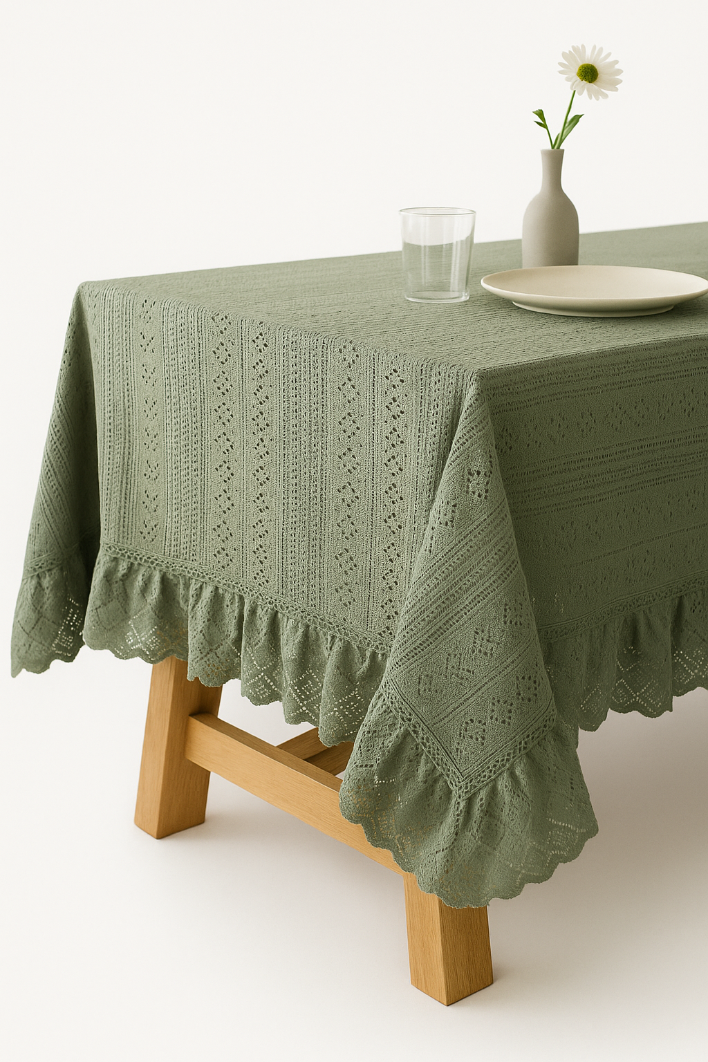 Nappe jacquard vintage bordure dentelle style nordique table - vue 3 sur 2