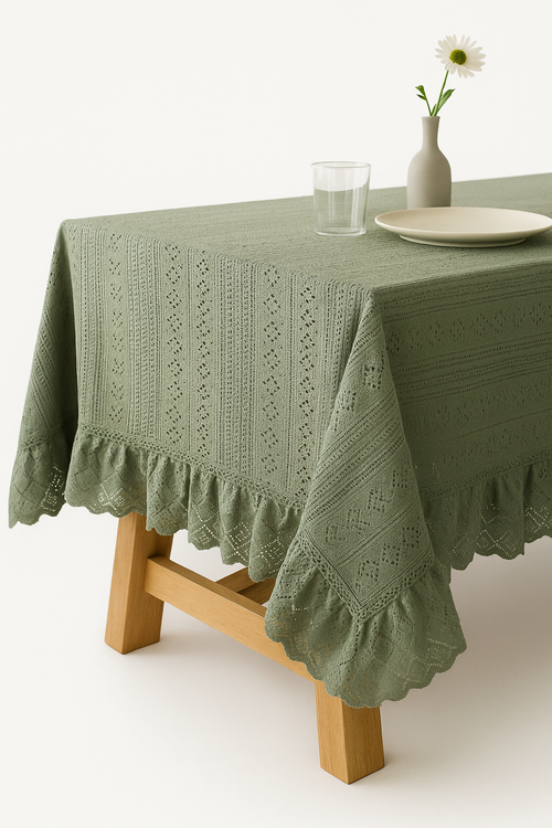 Nappe jacquard vintage bordure dentelle style nordique table