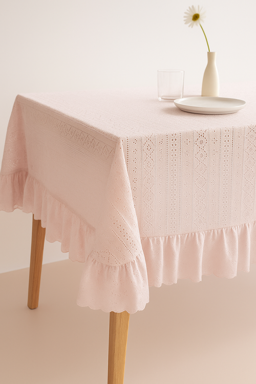 Nappe jacquard vintage bordure dentelle table repas maison - vue 2 sur 2