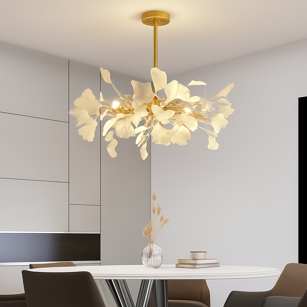 Nordique feuille de gingko LED lustre moderne cuisine salon chambre salle à manger rond intérieur loft plafond suspension - vue 6 sur 17