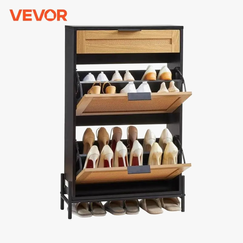 organisateur de rangement pour chaussures avec tiroirs en rotin et métal