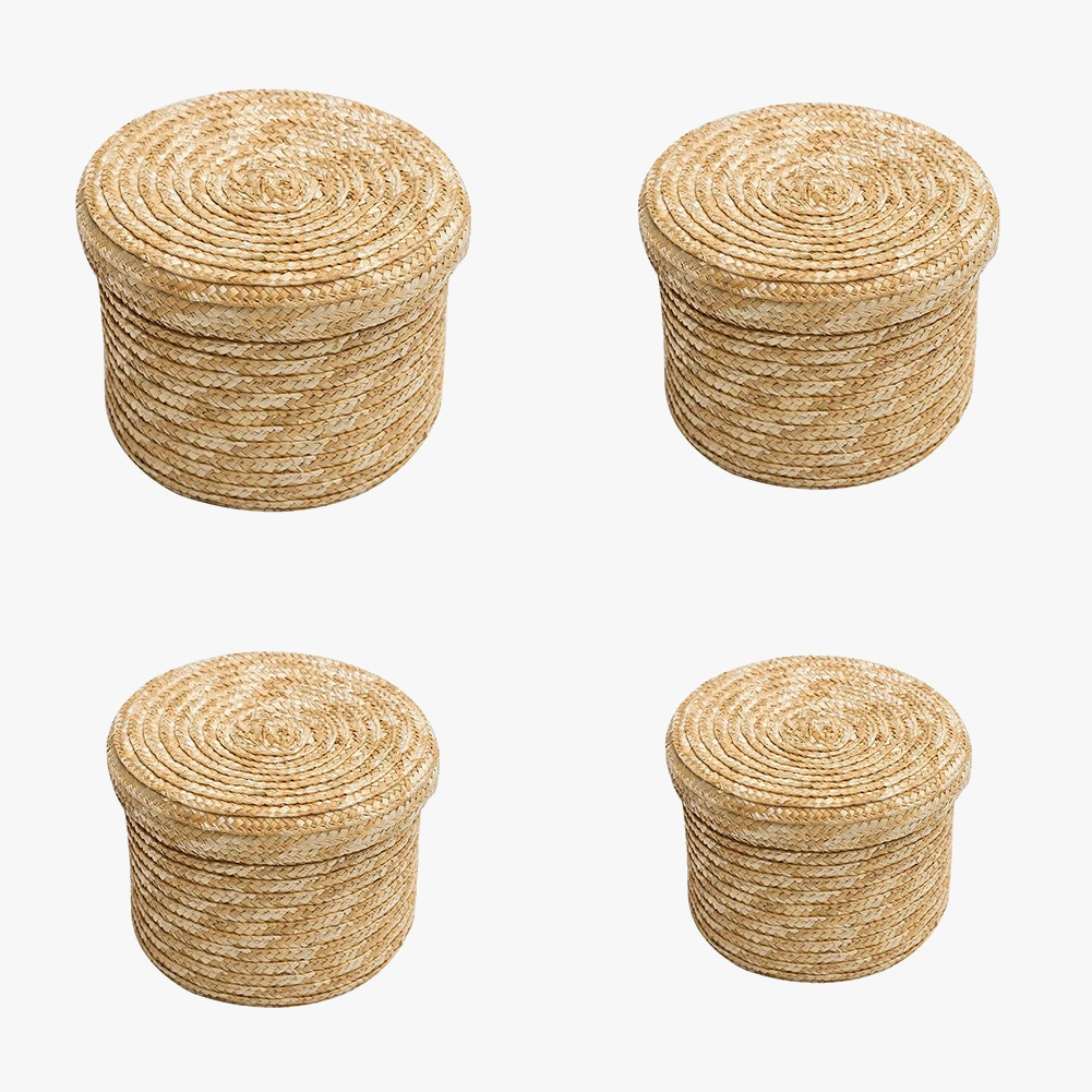 panier de rangement tissé en paille avec couvercle et organisateur
