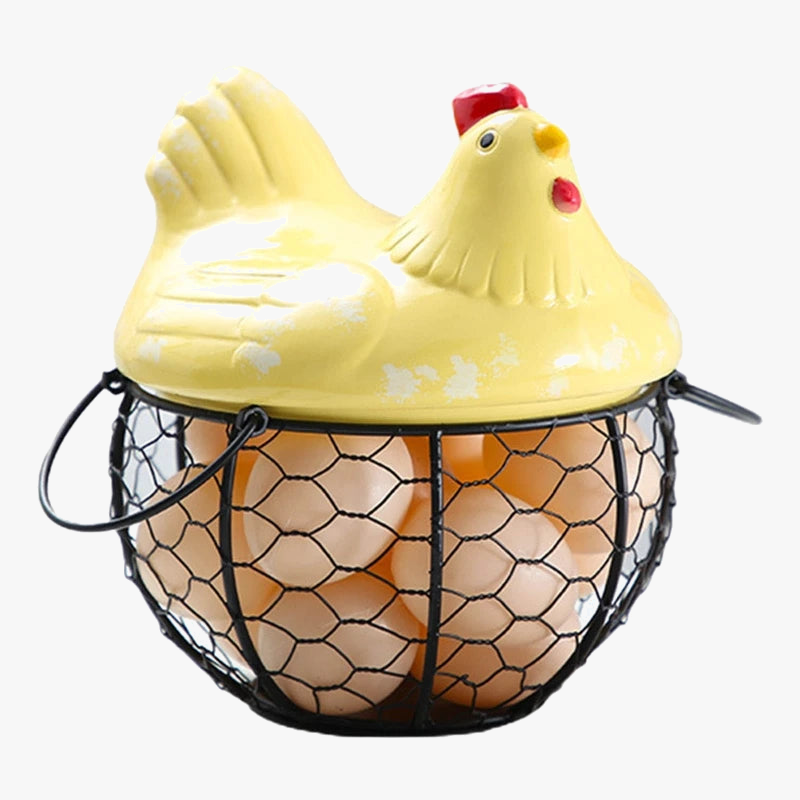 panier en céramique pour œufs et fruits avec poule décorative