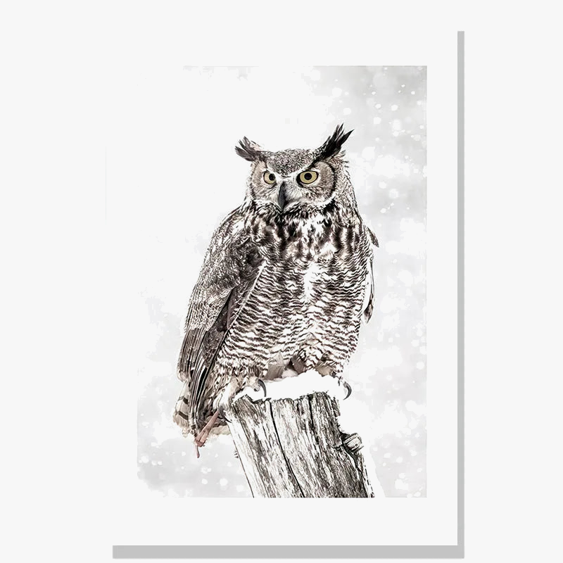 peinture nordique cerf hibou forêt neige matin décor mural