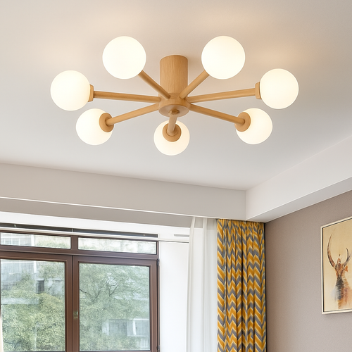 plafonnier en bois avec abat-jour boule de verre design moderne