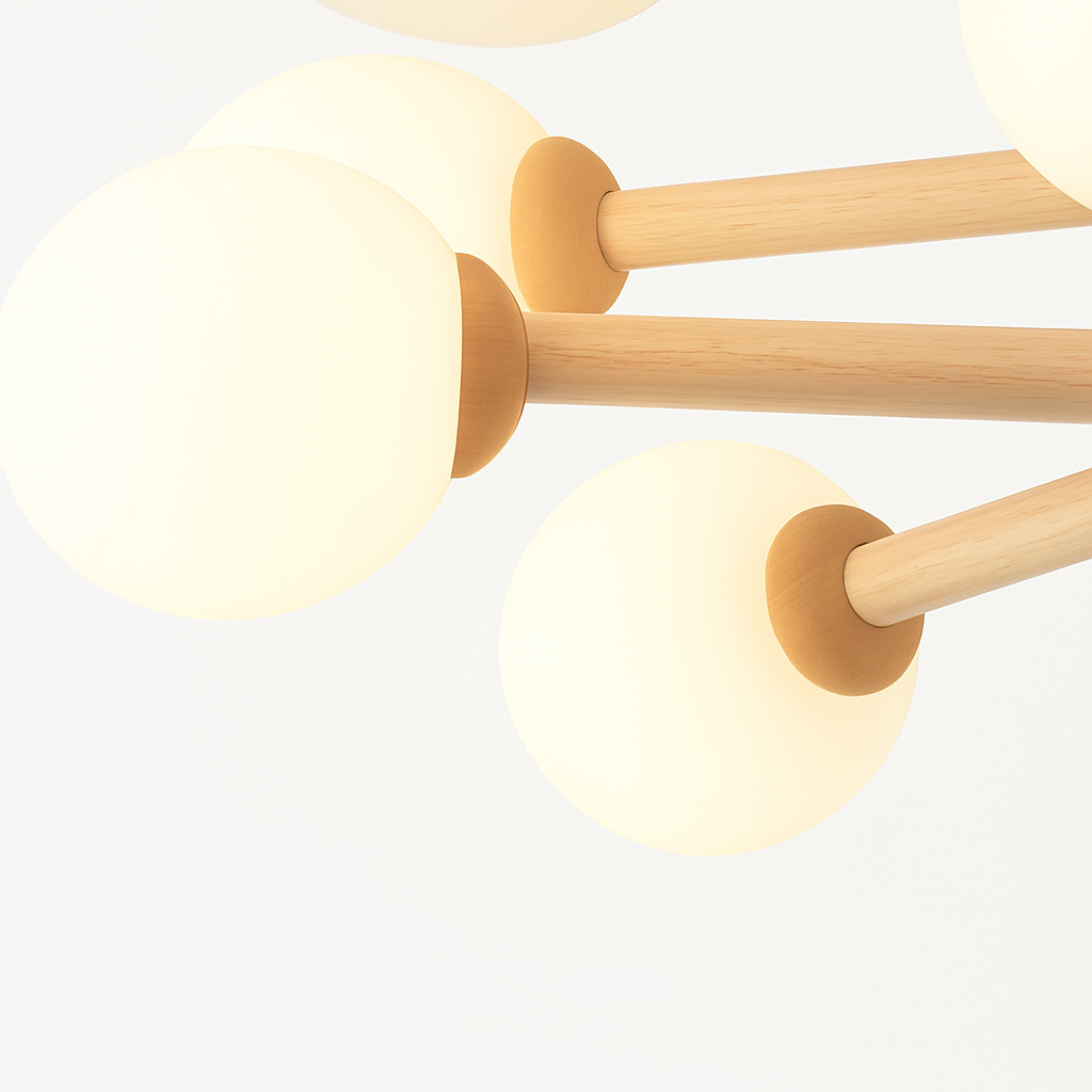 plafonnier en bois avec abat-jour boule de verre design moderne - vue 5 sur 13