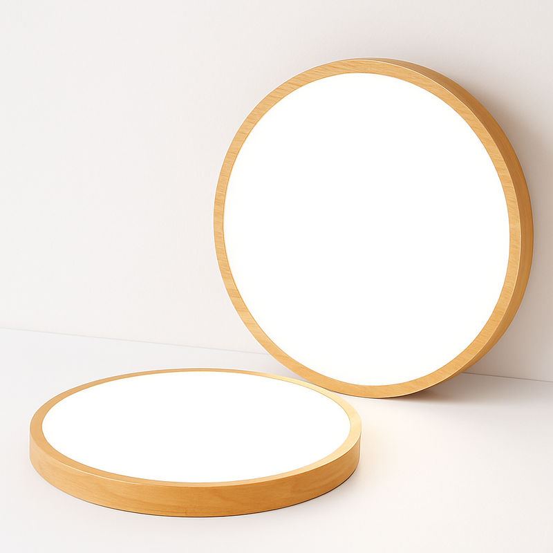 Angled view of the wood ceiling light showing the circular geometry
