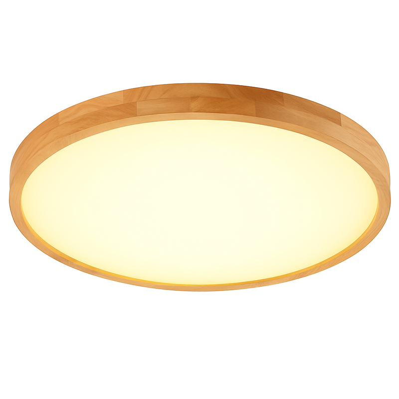 Very thin round LED wooden ceiling light demonstrating uniform illumination