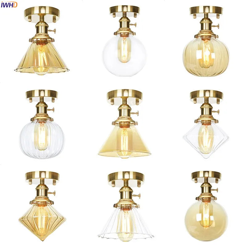plafonnier nordique vintage en style cuivre avec boule de verre led