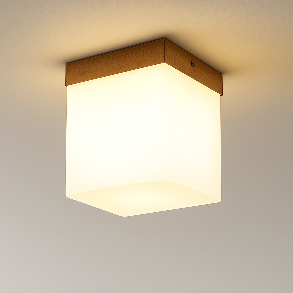 plafonnier led moderne en bois et verre laiteux décoratif - vue 3 sur 13