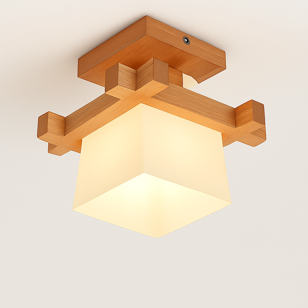 plafonnier led moderne en bois et verre laiteux décoratif - vue 12 sur 13