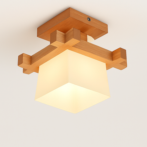 plafonnier led moderne en bois et verre laiteux décoratif - vue 13 sur 13