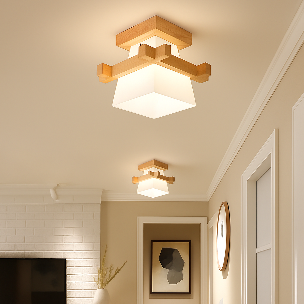 plafonnier led moderne en bois et verre laiteux décoratif - vue 5 sur 13