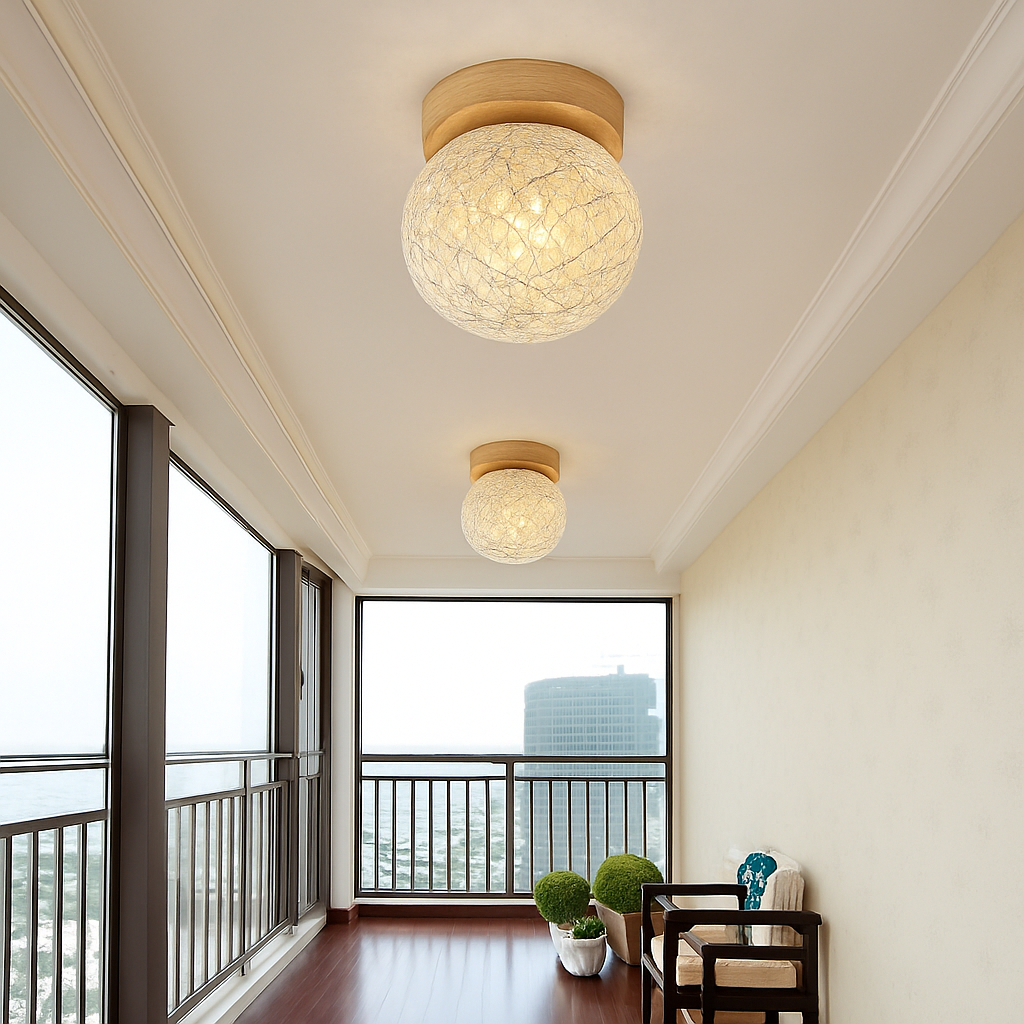 plafonnier led moderne en bois et verre laiteux décoratif - vue 7 sur 13