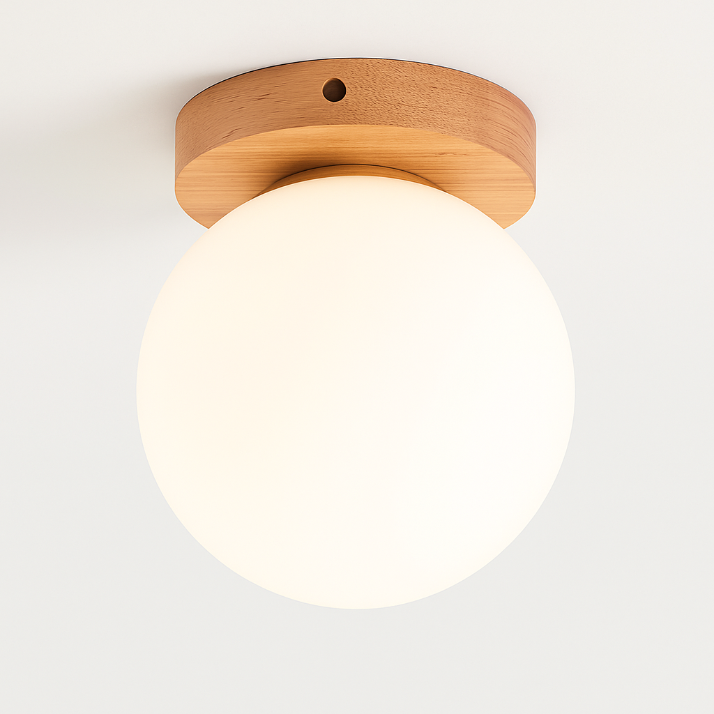 plafonnier led moderne en bois et verre laiteux décoratif - vue 8 sur 13