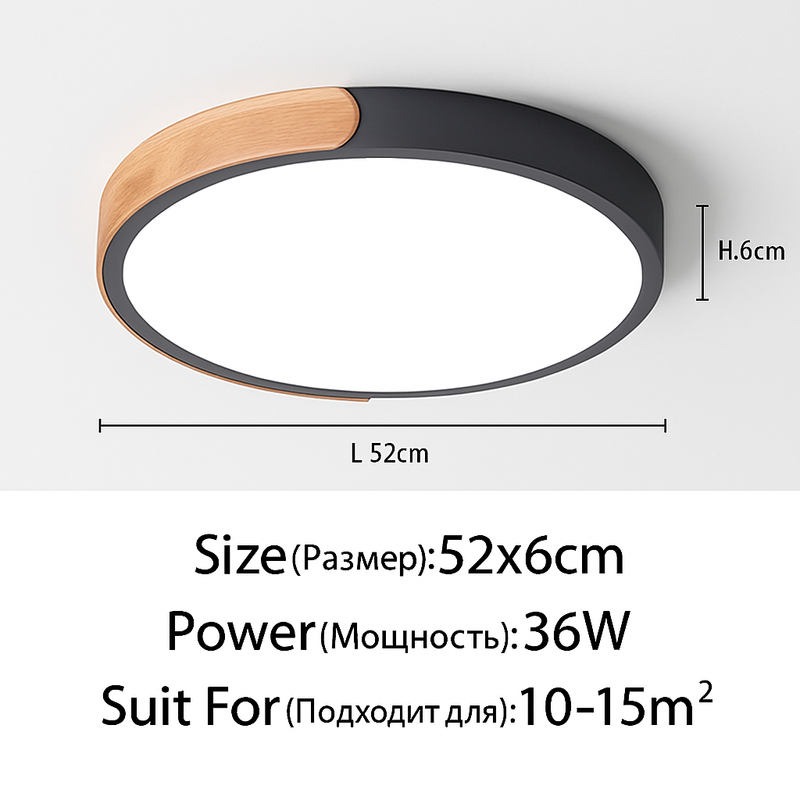 Plafonnier LED rond en métal et bois arrondi Macaron