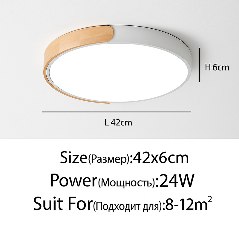 Plafonnier LED rond en métal et bois arrondi Macaron