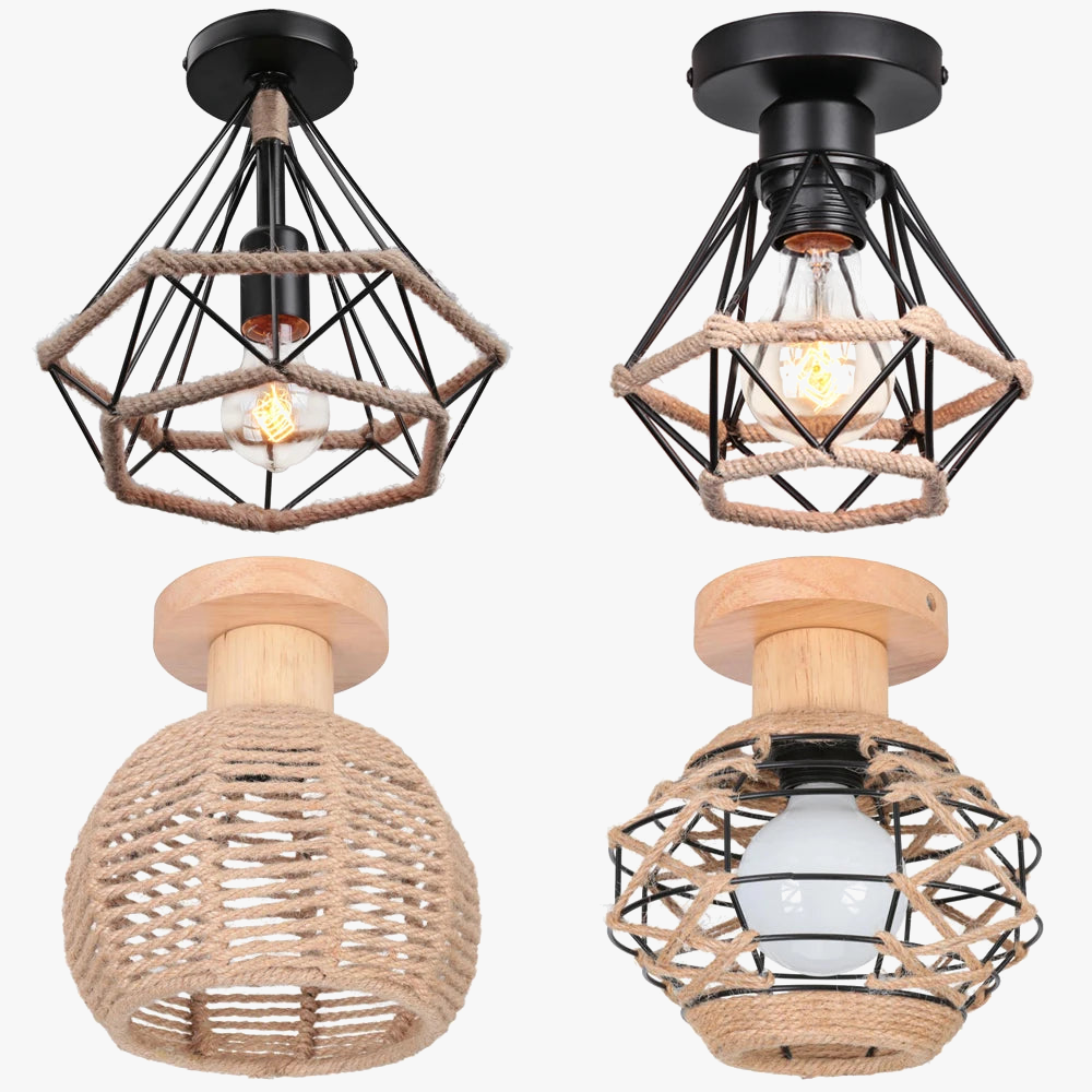 plafonnier rétro en métal avec corde de chanvre pour intérieur vintage