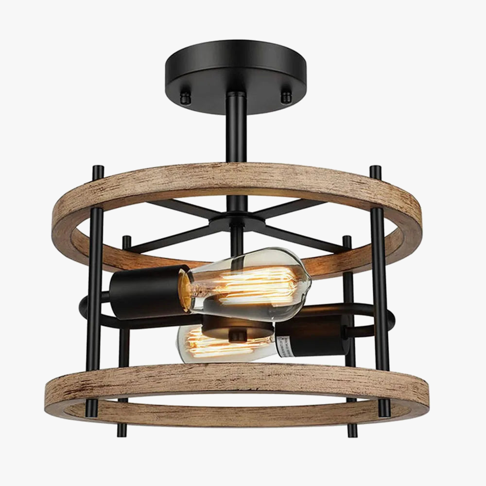 plafonnier rétro semi-encastré 2 lumières bois vintage pour ferme industrielle