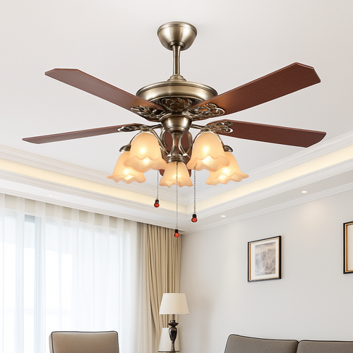 plafonnier ventilateur en bois rétro avec lumière et télécommande - vue 2 sur 7