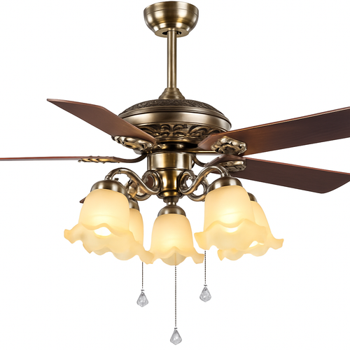 plafonnier ventilateur en bois rétro avec lumière et télécommande - vue 5 sur 7