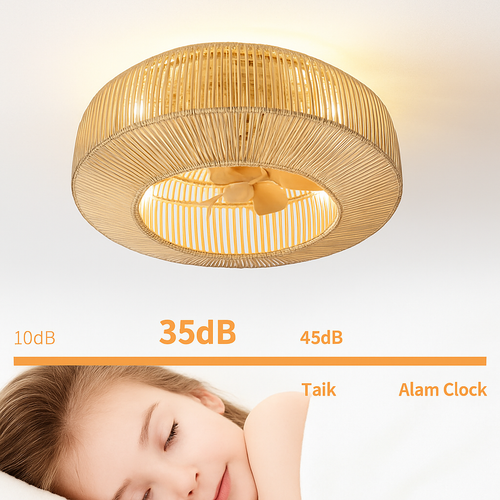 plafonnier ventilateur industriel avec lumière en bambou - vue 2 sur 7