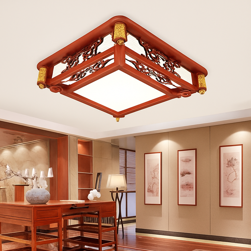 plafonnier vintage chinois en bois avec luminaire acrylique