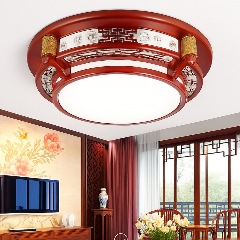 plafonnier vintage chinois en bois avec luminaire acrylique