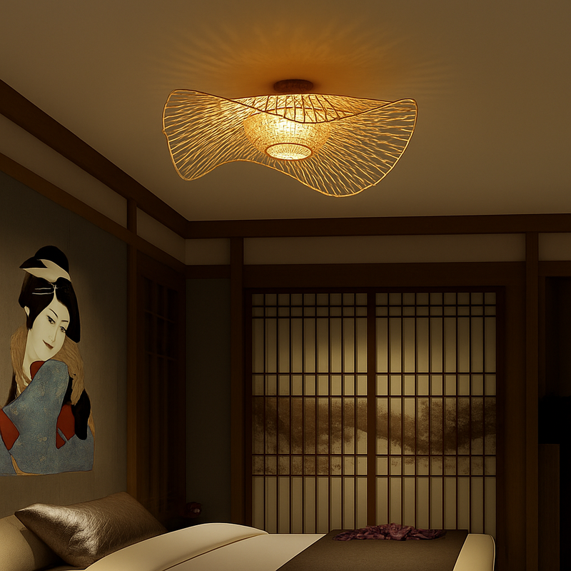 plafonnier zen en bambou tissé style sud-est asiatique