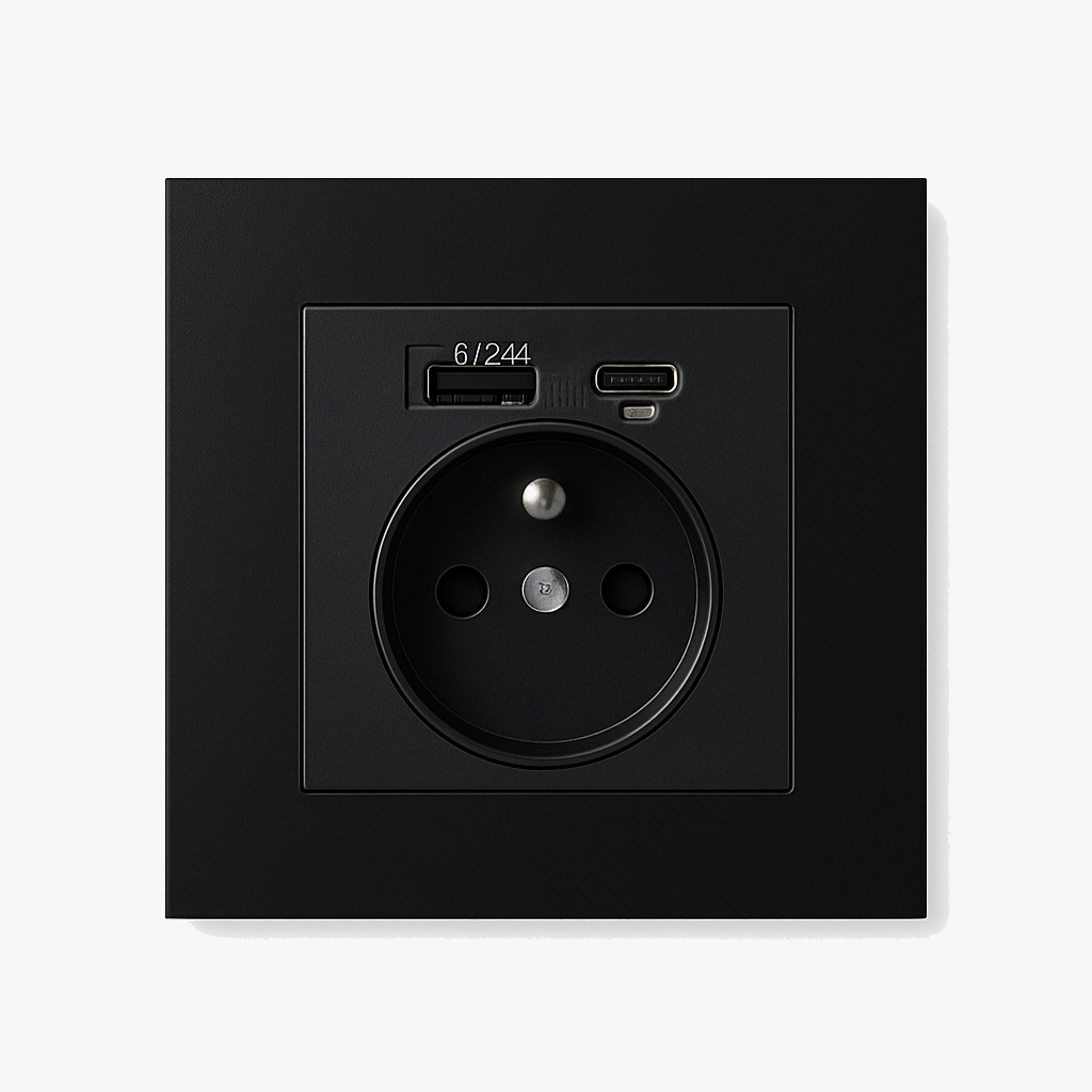 Prise électrique avec double USB et USB type C en acier noir mat