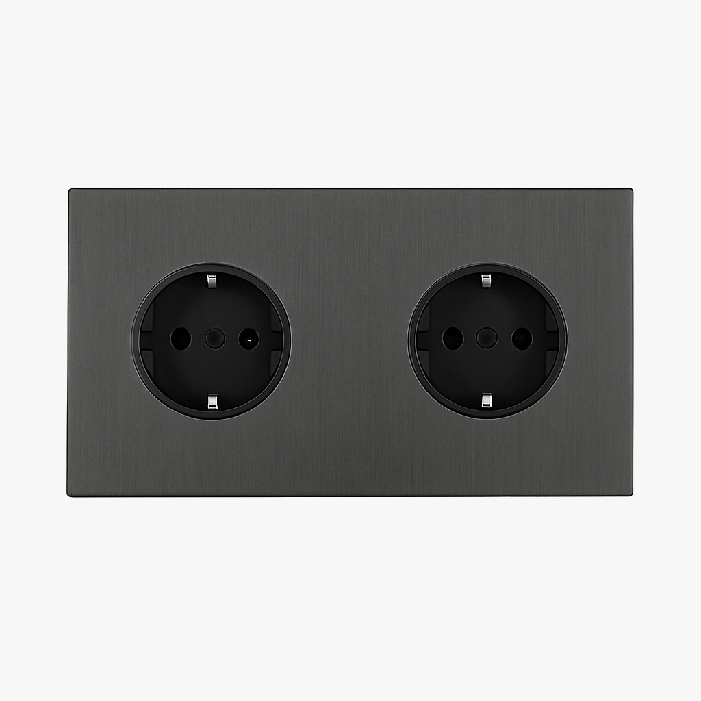 Prise électrique double (Europe) en acier gris brossé