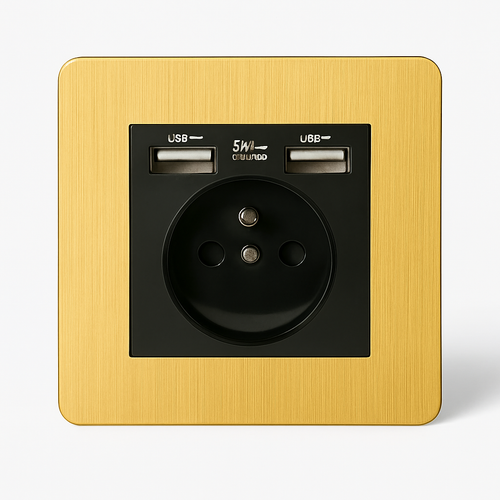Prise électrique et double USB en acier doré brossé bords arrondis