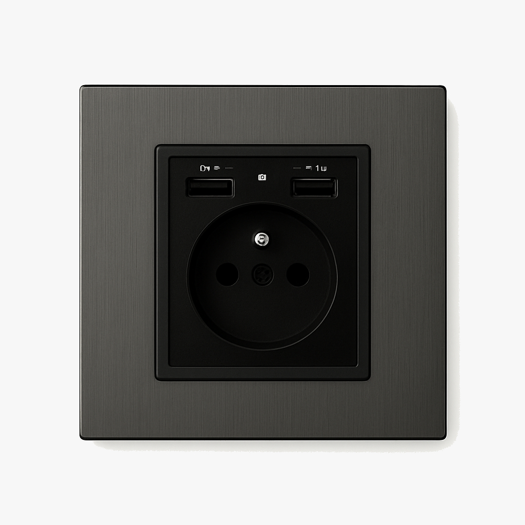 Prise électrique et double USB en acier gris foncé brossé